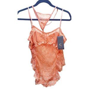 Women's Lingerie 2pc Set Matching Peach Lace Thong Camisole Cute Floral Lounge